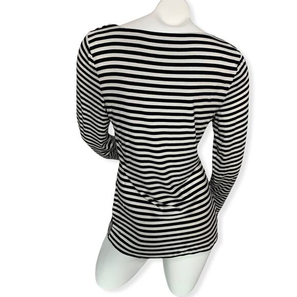 Vince Camuto black white striped long sleeve cross front wrap style top Large - Picture 2 of 9